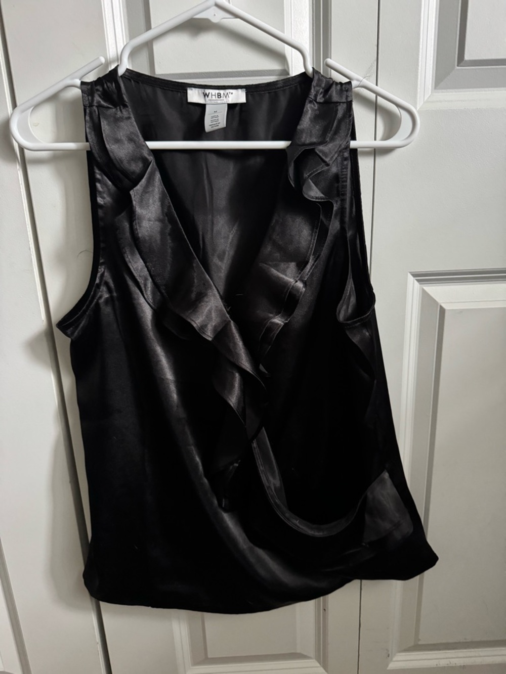 White House Black Market Black Satin Ruffle V-Neck Camisole